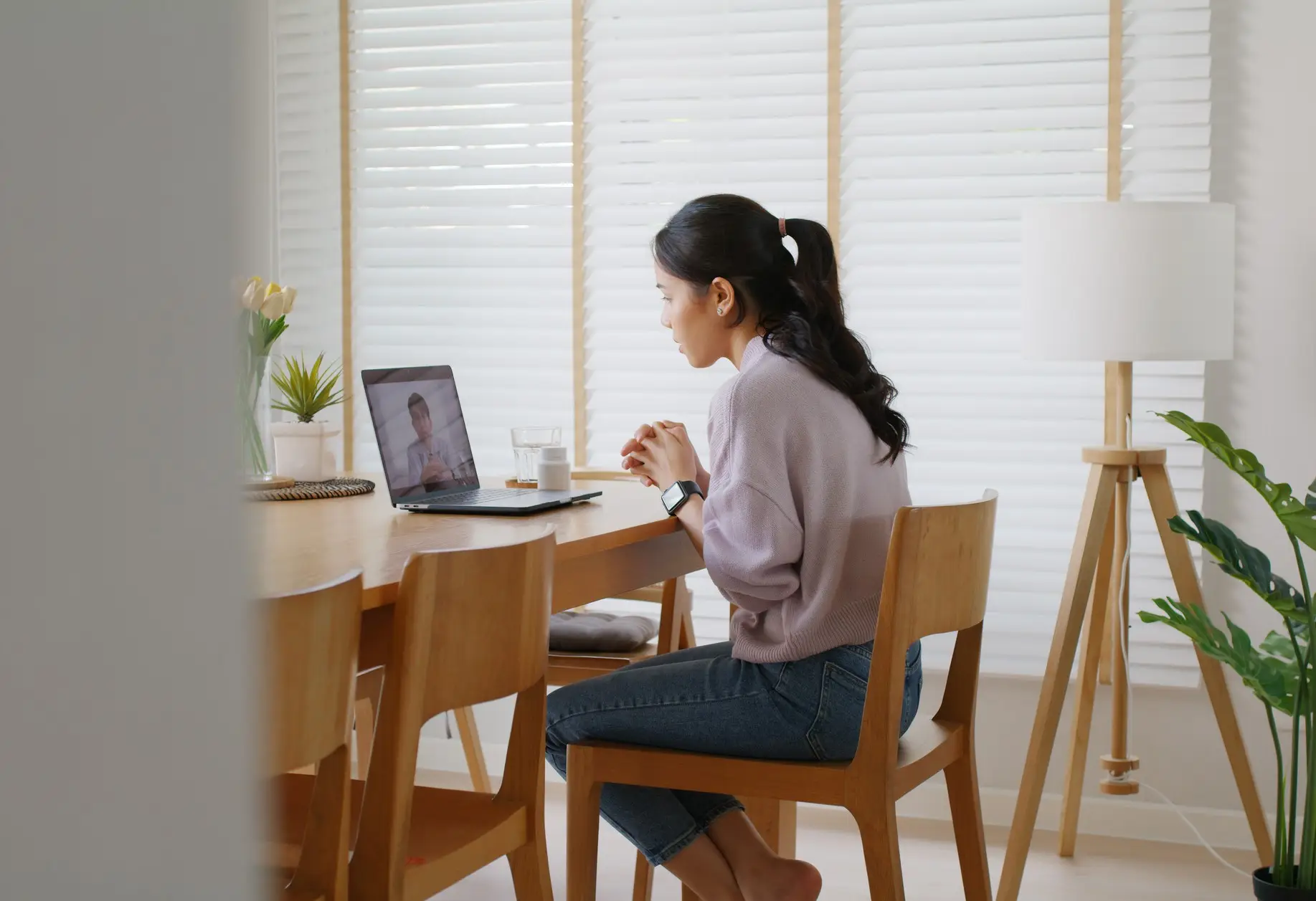 Asia people young woman listen medical exam result at home life crisis sad issue advice meeting sick serious hopeless unhappy teleconsult with video call online telemedicine telehealth stress relief.